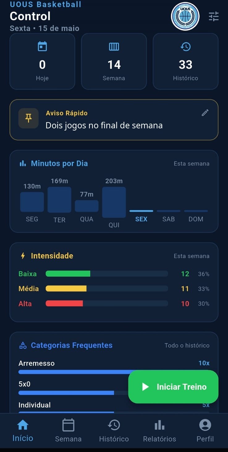 Tela inicial do app UOUS Sports Control