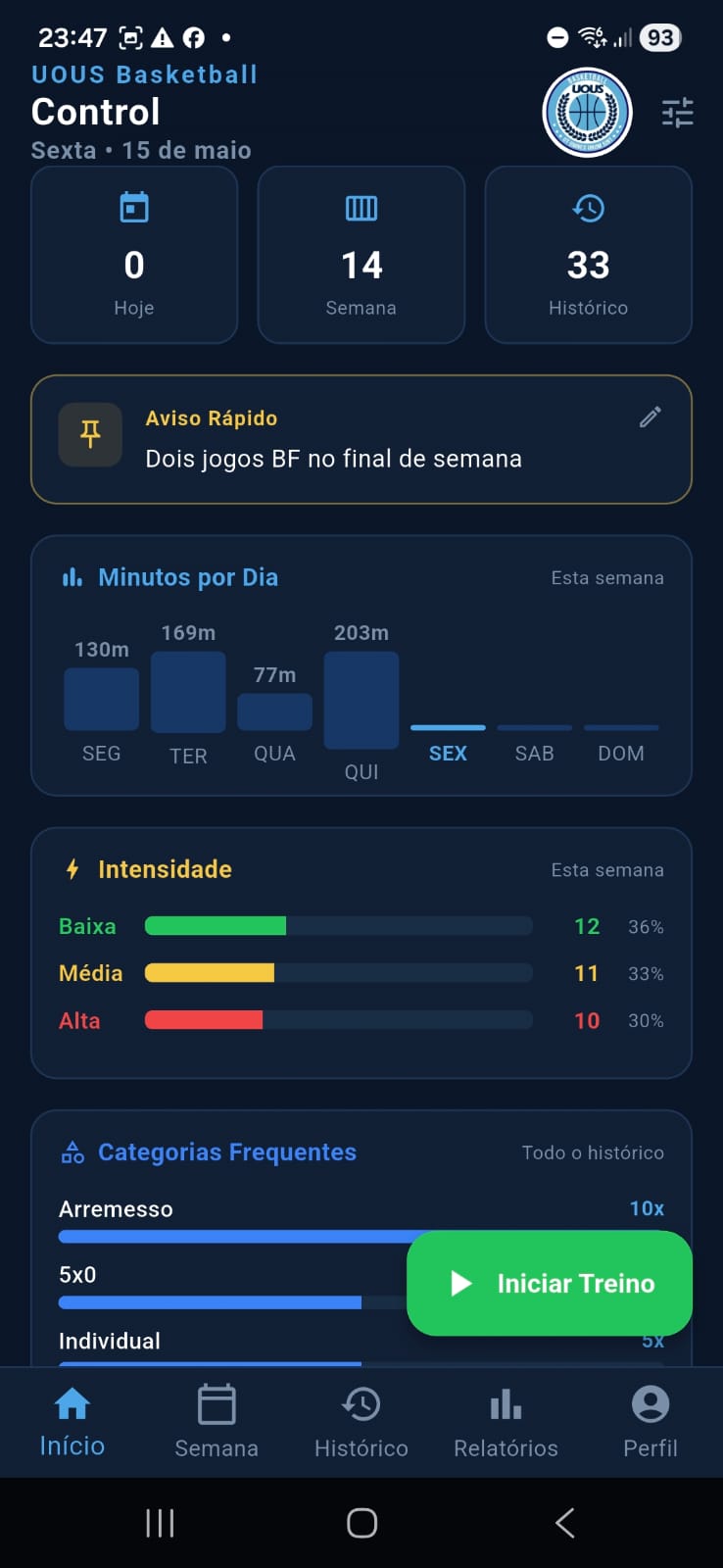 Tela inicial do app UOUS Sports Control